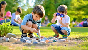 Design a vibrant blog image for Summer STEM Activities That Get Students to Turn Screens Off capturing the joyful essence of middle school children engaging in handson STEM activities outdoors in a sunlit park In the foreground a child crouches down